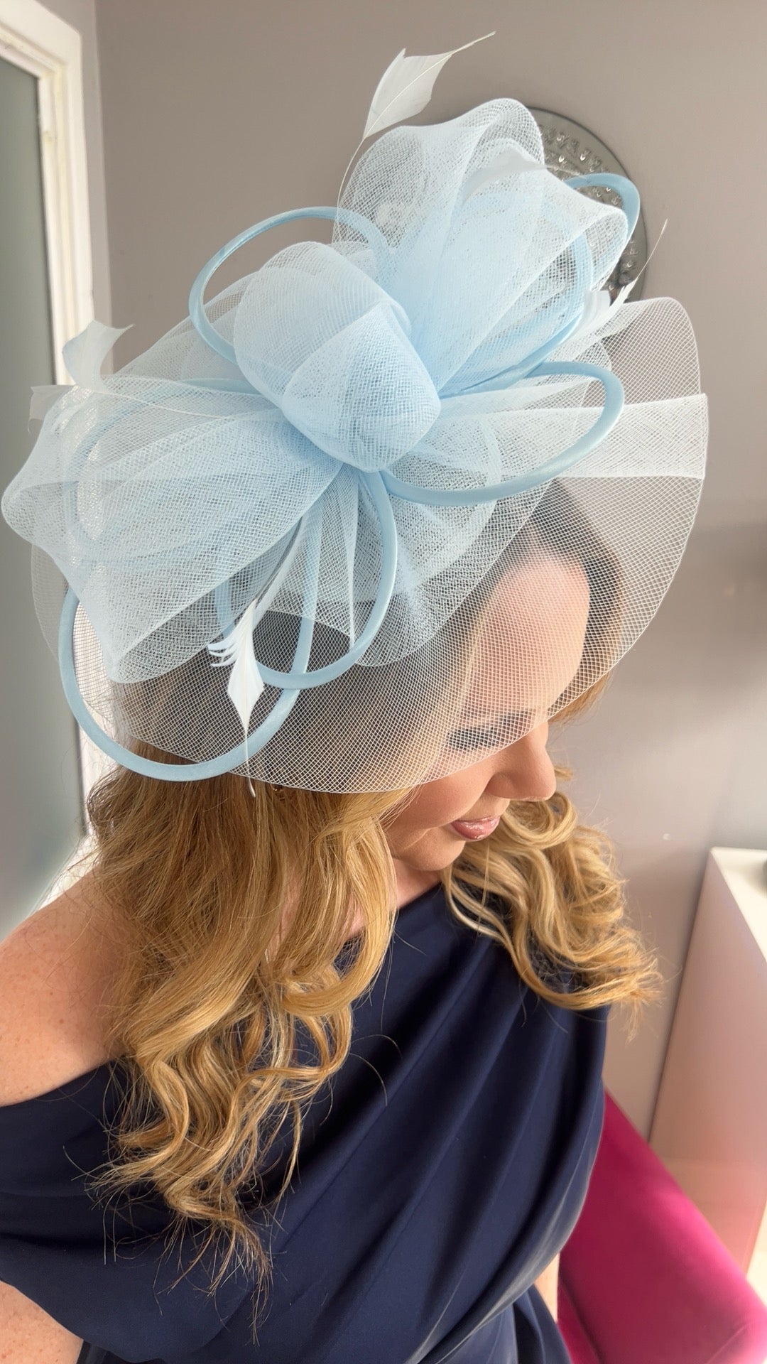 Alexis Light Blue Veil & Loop Fascinator (PRE-ORDER TO SHIP NEXT WEEK)