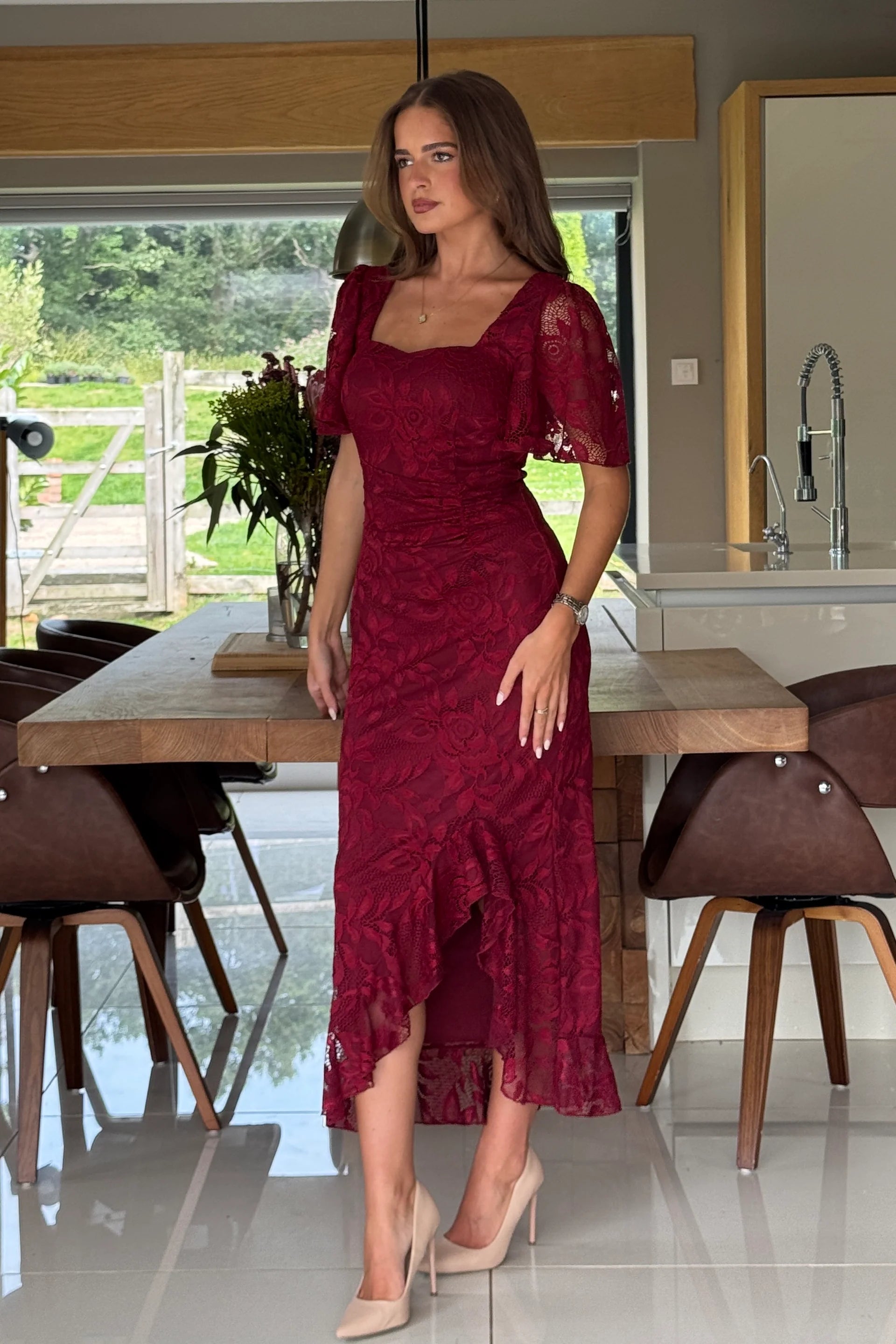 Heidi Wine Lace Ruched Short Sleeve Midi Dress