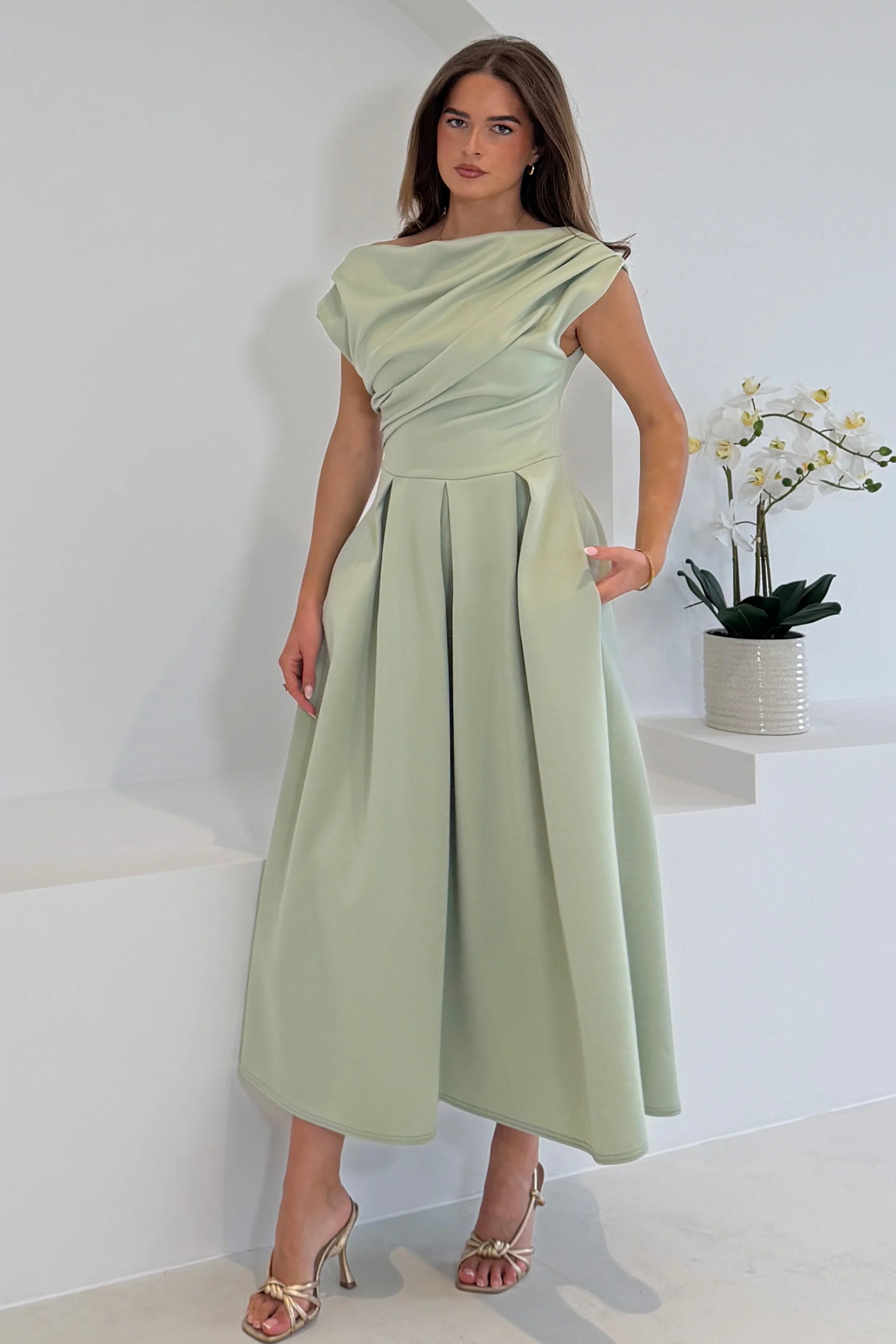 Betty Sage Asymmetric Neckline Skater Midi Dress With Pockets